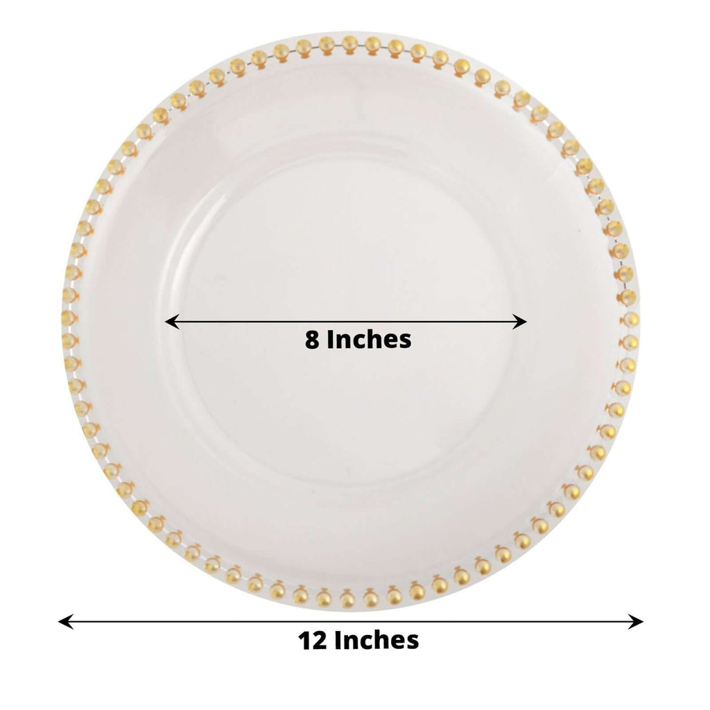 6-Pack Acrylic Charger Plates 13" Round Clear with Gold Beaded Rim - Decorative Dinner Party Serving Plates